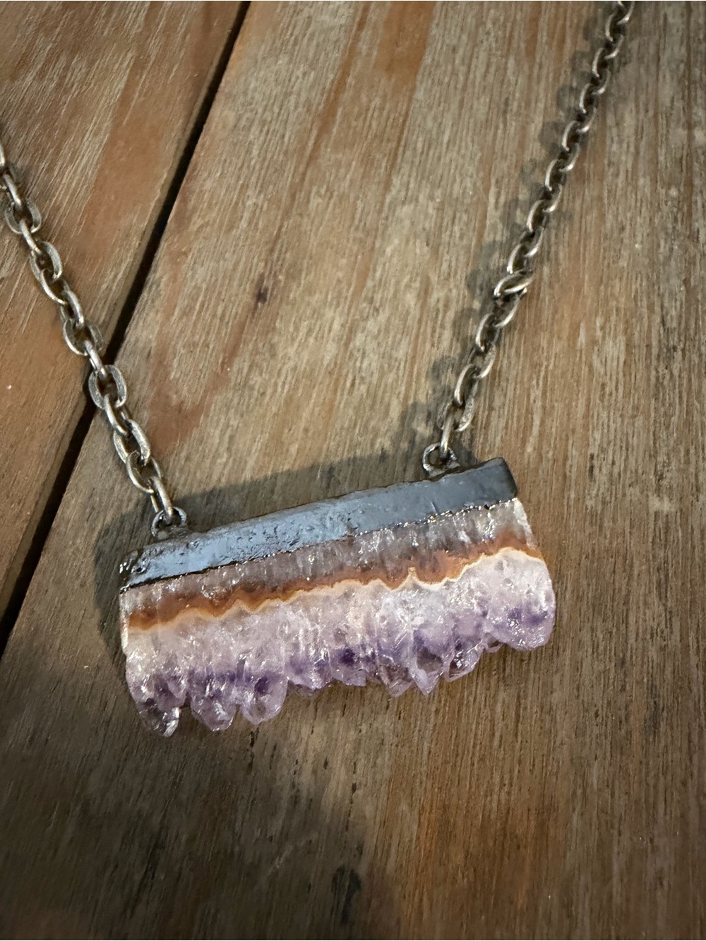 Natural Amethyst Geode Bar Necklace - Purple and Brown Crystal Pendant